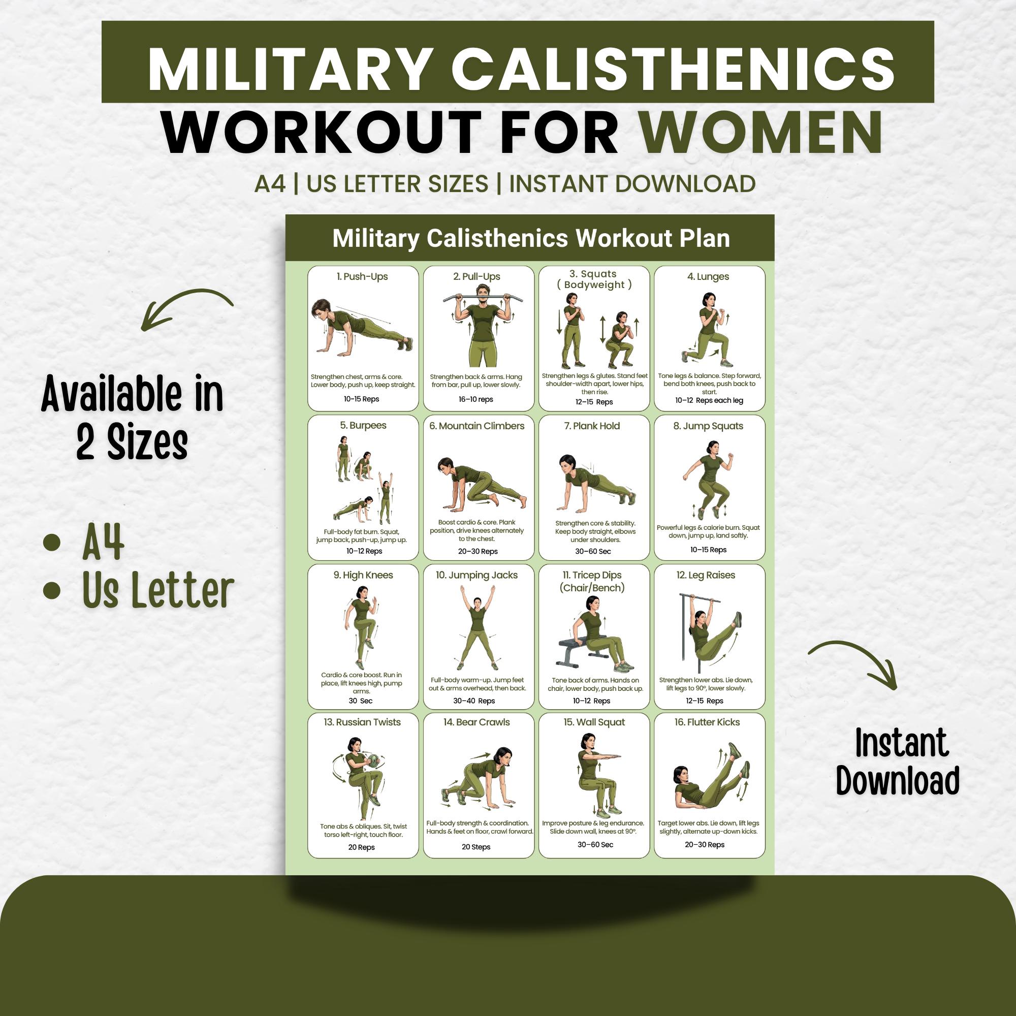 Printable Military Calisthenics Workout Plan for Women, Full Body ...