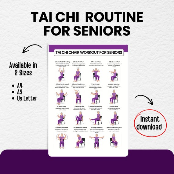 Printable Tai Chi Chair Workout for Seniors, Beginner Tai Chi Routine PDF, Elderly Fitness Low Impact, Digital Download