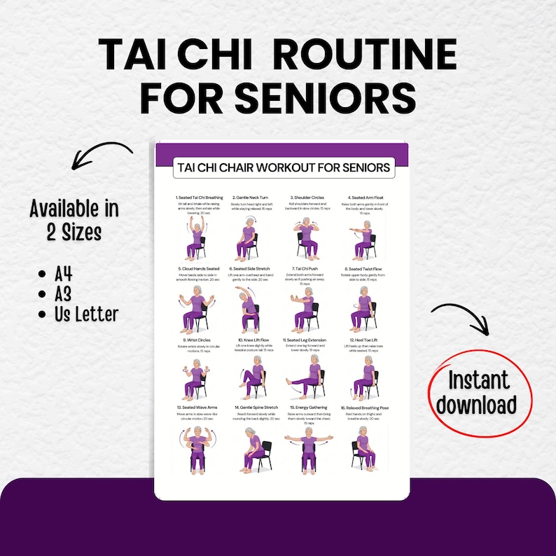 Tai Chi Chair Routine for Seniors Printable Workout Poster – 16 Seated Exercises with Illustrations, Available in A3 A4 US Letter, Instant Download PDF