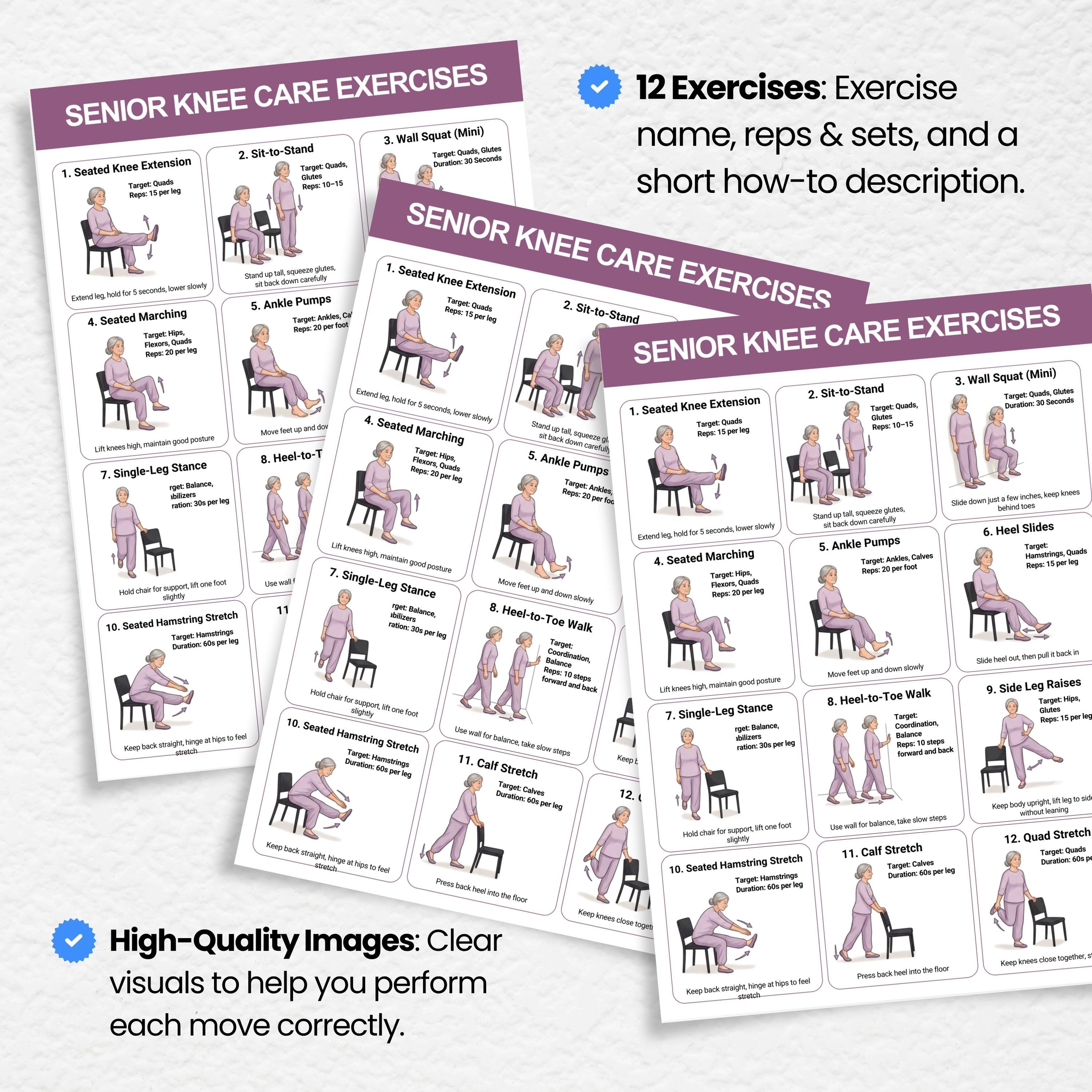 Knee Exercises for Seniors Printable, Chair Exercises, Knee Pain Relief ...