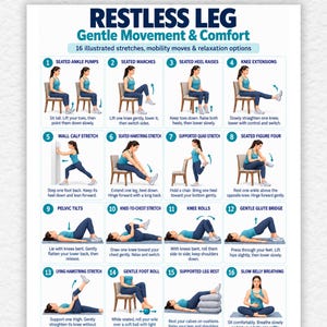 Può includere: Un poster didattico digitale intitolato Restless Leg Gentle Movement & Comfort, con 16 illustrazioni numerate di esercizi. Ogni riquadro mostra una persona in abbigliamento blu che esegue stretching e movimenti di mobilità.