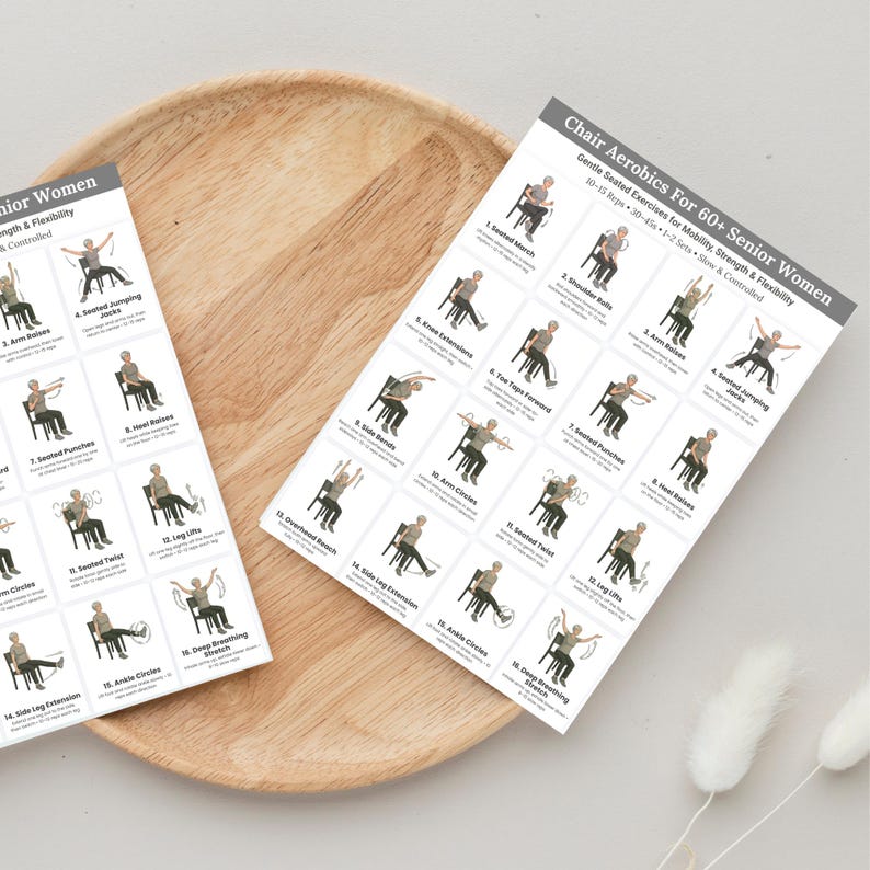 Chair Aerobics for 60+ Senior Women Printable Exercise Chart — Two Size Options A4 and US Letter — Gentle Seated Workout Poster for Elderly Women — Low Impact Home Fitness Digital Print