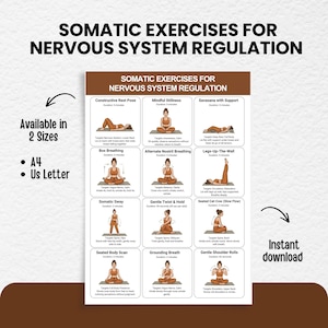 Pode incluir: Um cartaz intitulado "Exercícios Somáticos para a Regulação do Sistema Nervoso" apresenta ilustrações de posturas de yoga. Disponível no tamanho A4, é um download instantâneo.