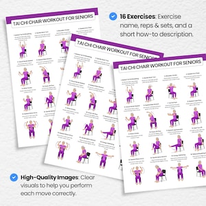 Tai Chi Chair Workout for Seniors – 16 Exercises with Name, Reps, Sets and How-To Description, High Quality Illustrated Fitness Chart, Printable PDF, 3 Size Options