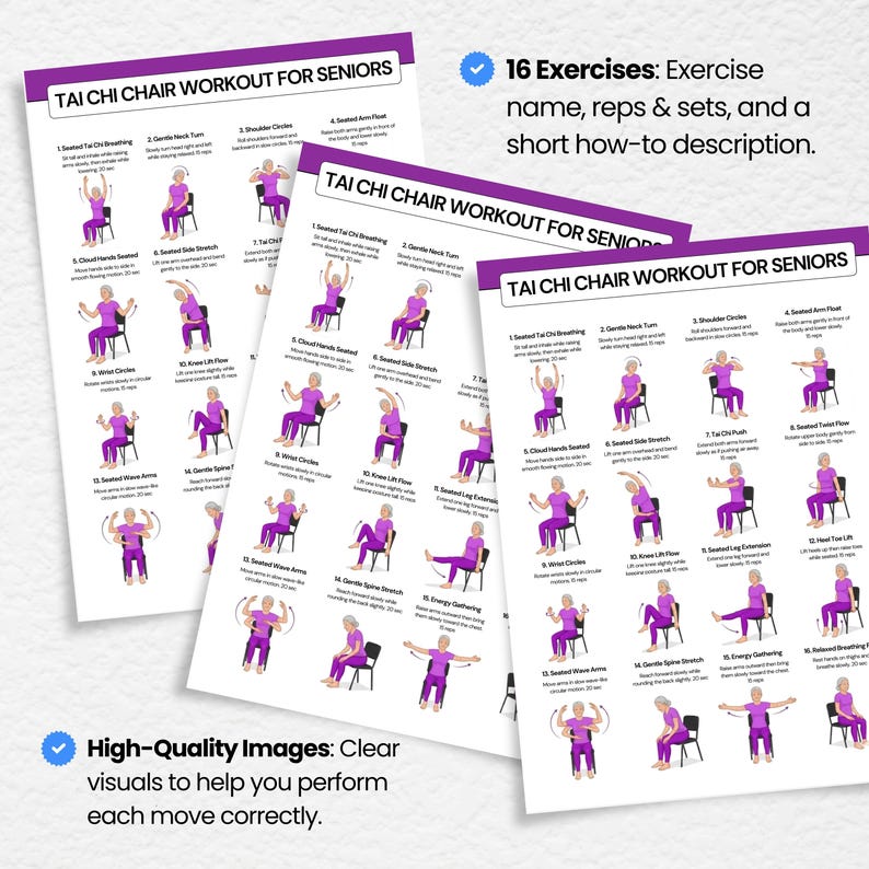 Tai Chi Chair Workout for Seniors – 16 Exercises with Name, Reps, Sets and How-To Description, High Quality Illustrated Fitness Chart, Printable PDF, 3 Size Options