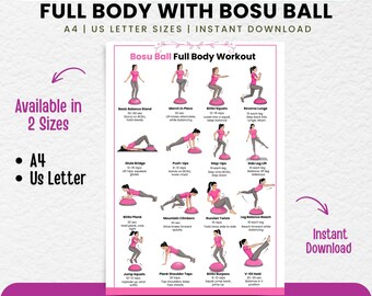 Pôster para treino de equilíbrio com bola BOSU – Treinamento completo de core e estabilidade para academia em casa – Download instantâneo em PDF para decoração de parede