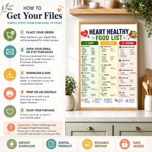 How to get your digital files instruction image with heart healthy food list printable shown in a framed kitchen wall art mockup.