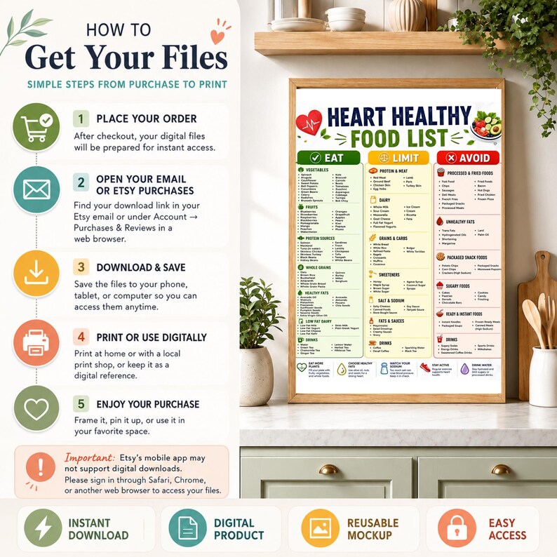 How to get your digital files instruction image with heart healthy food list printable shown in a framed kitchen wall art mockup.