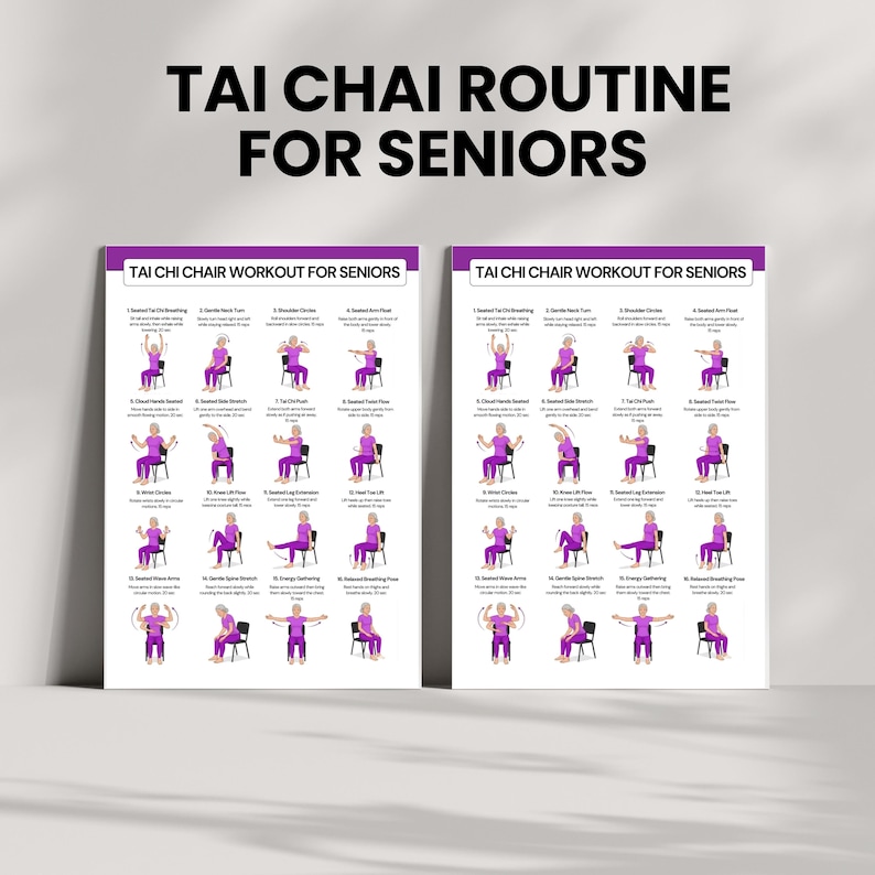 Tai Chi Chair Workout Poster for Seniors – Two Size Comparison Wall Print, 16 Illustrated Seated Exercises, Printable Fitness Chart for Elderly