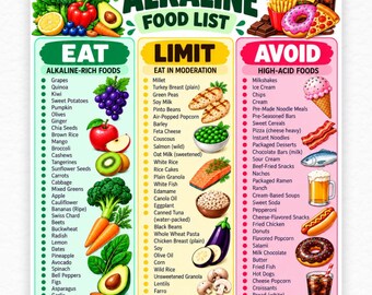 Alkaline Food List Printable PDF, Acid Alkaline Food Chart, Foods to Eat Limit Avoid, Alkaline Diet Grocery List, Kitchen Poster Wall Art