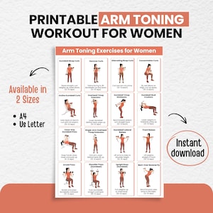 Op de afbeelding: Printbare armtoning workout voor vrouwen. De afbeelding toont een oefeningenoverzicht met armtoningsoefeningen, waaronder dumbbell bicep curls en tricep extensions. Beschikbaar in A4- en US Letter formaten. Direct downloaden.
