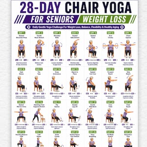 May include: A 28-day chair yoga for seniors weight loss chart featuring 28 illustrated daily exercise routines. Each day includes a labeled pose, repetition counts, and health benefits. The document is formatted for A4 and US Letter paper sizes.