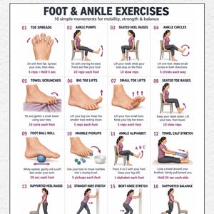 May include: A digital chart titled FOOT & ANKLLE EXERCISES featuring 16 numbered illustrations of physical therapy movements. Each section includes a descriptive drawing of a person performing the exercise and text instructions for mobility, strength, and balance.