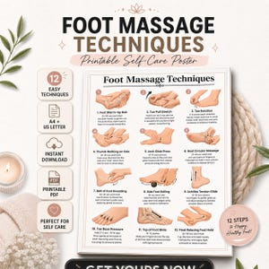Foot Massage Techniques Chart Printable, Reflexology Routine Guide, Self Care Foot Massage PDF Poster, Digital Download