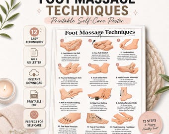 Tabela de Técnicas de Massagem nos Pés para Imprimir, Guia de Rotina de Reflexologia, Pôster em PDF para Automassagem nos Pés, Download Digital