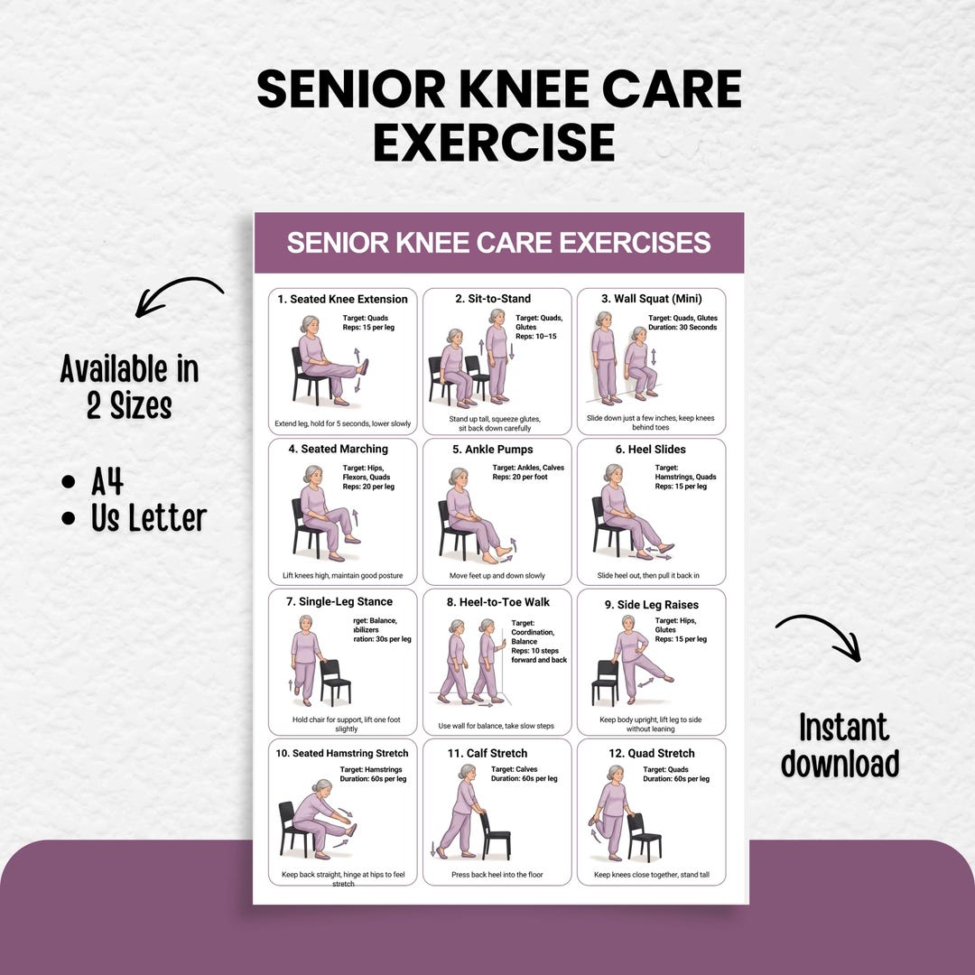 Knee Exercises for Seniors Printable, Chair Exercises, Knee Pain Relief ...