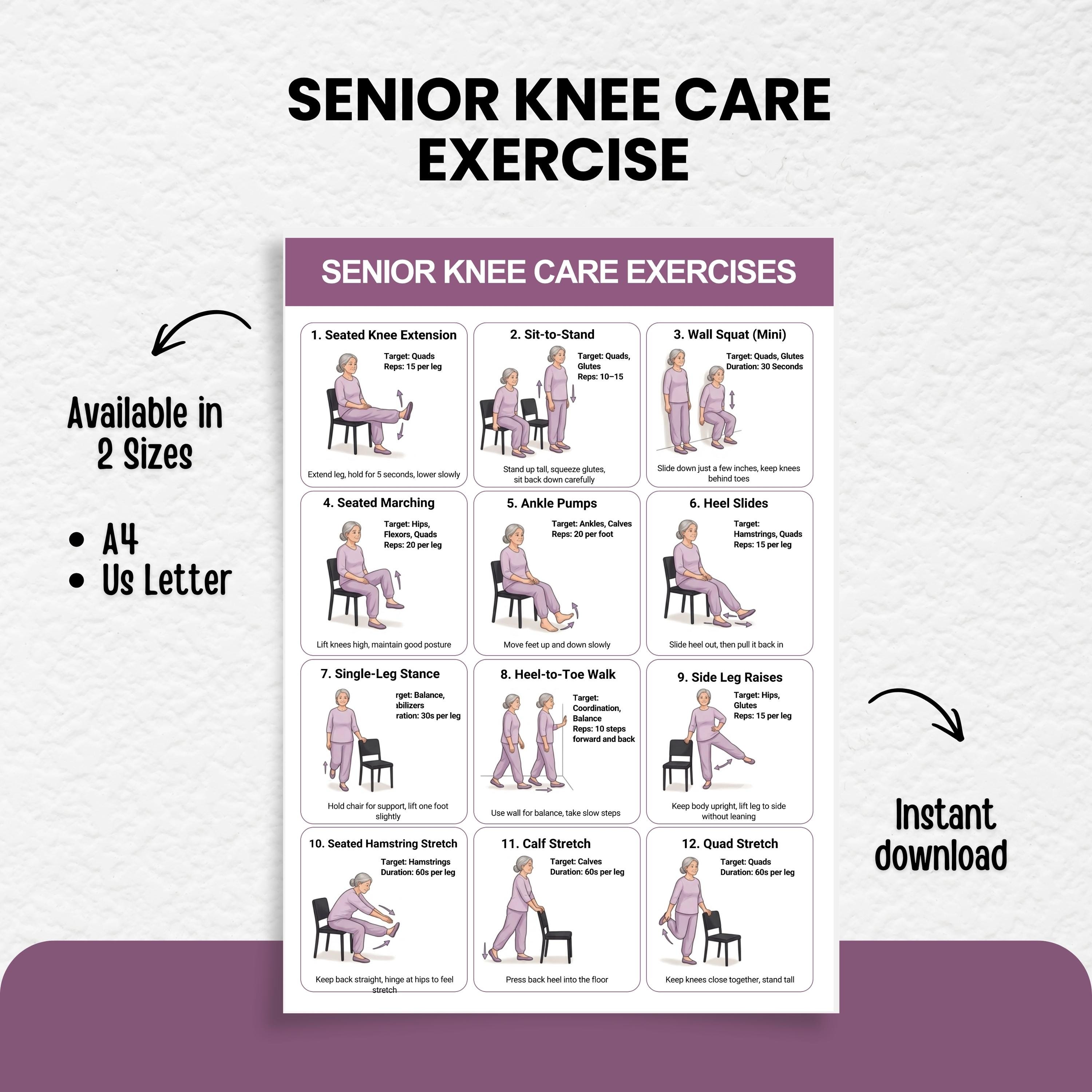 Knee Exercises for Seniors Printable, Chair Exercises, Knee Pain Relief ...