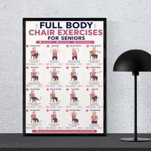 Framed full body chair exercise poster for seniors displayed on wooden floor as home gym wall art