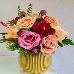 Faux flower bouquet, peach rose centerpiece, yellow ribbed pot, artificial floral home decor