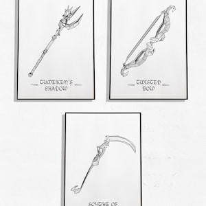 May include: Three framed black and white prints displaying fantasy weapon illustrations. The prints depict a staff labelled "Tumeken's Shadow", a bow labelled "Twisted Bow", and a scythe labelled "Scythe of Vigur". The artwork is minimalist and geometric.