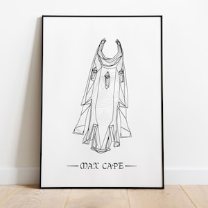May include: Black framed art print with a geometric line drawing of a cape. The artwork is in black and white, with the words "MAX CAPE" printed in a stylized font at the bottom of the print.
