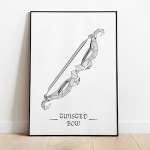 May include: A black framed print with a geometric illustration of a bow and arrow in grayscale. The words "TWISTED BOW" are below the image. The print is displayed on a white wall and a wooden floor.