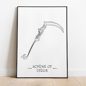 May include: Framed monochrome print depicting a scythe. The artwork shows a detailed illustration of a scythe with the text "SCYTHE OF VITUR" beneath. The print is displayed on a white wall and rests on a wooden floor.
