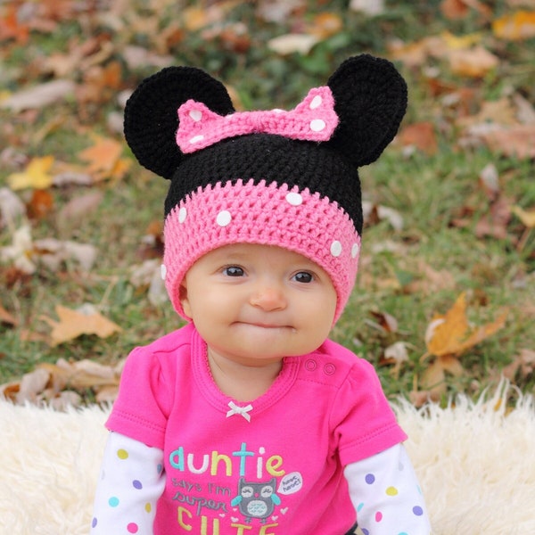 Crochet Minnie Mouse Pink Hat, Polka Dot Beanie, Size Newborn, 6 Month, 1 year to 2T, 3T, 4T, 5T, Toddler, Child, Adult, Mickey Mouse