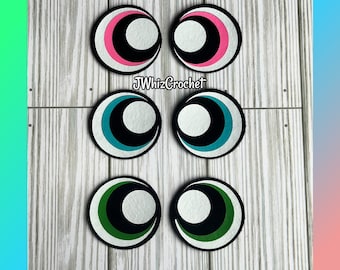 Kindergarten Cuties Felt Eyes, Bubbles, Blossom, Buttercup, Powerpuff, 2 Inch, 1.5 Inch, 1 Inch, 3/4 Inch 19mm Eyes, Blue, Green, Pink