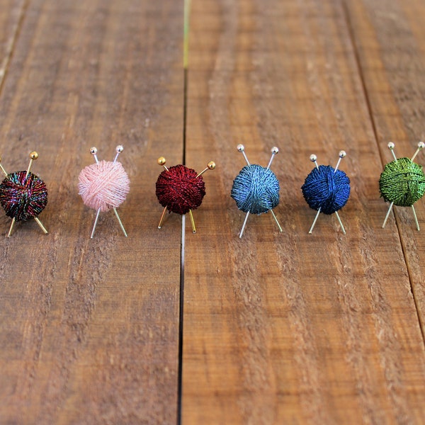 Knit Yarn Ball Earrings, Metallic Yarn Ball Earrings, Miniature Knitting Needles, Knitter Gift, Ruby, Emerald, Rainbow, Sapphire, Aquamarine