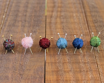 Knit Yarn Ball Earrings, Metallic Yarn Ball Earrings, Miniature Knitting Needles, Knitter Gift, Ruby, Emerald, Rainbow, Sapphire, Aquamarine