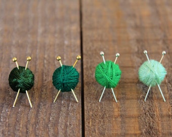 Knit Yarn Ball Earrings, Shades of Green Yarn Ball Earrings, Miniature Knitting Needles, Knitter Gift Jewelry, Emerald, Valentine's Day Gift