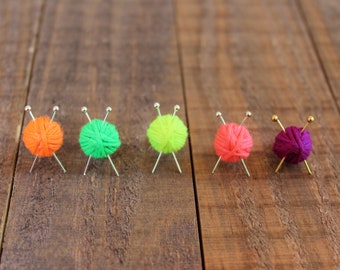 Knit Yarn Ball Earrings,Neon Yarn Ball Earrings, Orange, Green, Yellow, Pink, Purple,Miniature Knitting Needles, Knitter Gift, Custom Colors