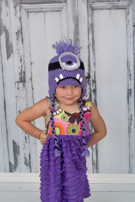 Handmade Crochet Evil Purple Minion Beanie With Ear Flaps, and Braids.  Despicable Me Hat or Costume 
