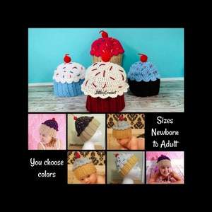 Crochet Cupcake Hat, Custom Color Cupcake Beanie, Size Newborn to 6 Month, 12 Month, 1 Year, Child, Teen, Adult, Red Velvet, Pink, Blue, Red image 1