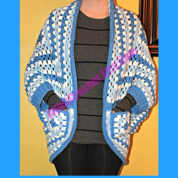 Crochet Granny Square Cocoon Shrug With Pockets, Granny Square Cardigan, Three Size Small, Medium, and One Size Crochet Pattern, PDF Pattern