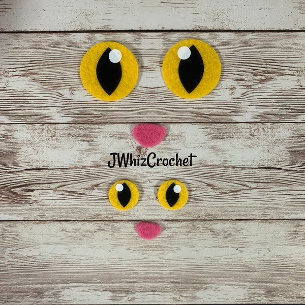 Felt Cat Eyes and Nose Set, Yellow Cat Eyes, Halloween Cat Eyes, Amigurumi Eyes, Cheshire Cat Eyes, 19mm Safety Eyes, 38mm, 1 Inch Eye, 25mm