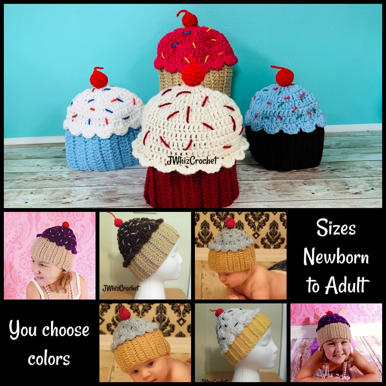 Crochet Cupcake Hat, Custom Color Cupcake Beanie, Size Newborn to 6 Month, 12 Month, 1 Year, Child, Teen, Adult, Red Velvet, Pink, Blue, Red image 2