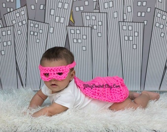 Crochet Super Girl Cape and Eyemask Set, Pink Cape, Size Newborn, 3 Month, 6 Month, Photography Prop, Superhero Set, Comic Book Costume