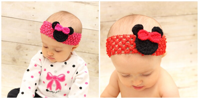 Crochet Minnie Mouse Headband, Minnie Mouse Birthday, Red Minnie, Pink Minnie, Newborn, 3 Month, 6 Month, 12 Month, One Year, Free Shipping image 1