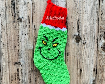 Crochet The Grinch Christmas Stocking, Grinch Stocking, Custom Christmas Stocking, Personalized Christmas Stocking, Grinch Christmas Gift