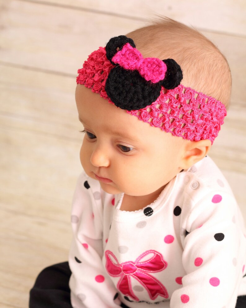 Crochet Minnie Mouse Headband, Minnie Mouse Birthday, Red Minnie, Pink Minnie, Newborn, 3 Month, 6 Month, 12 Month, One Year, Free Shipping image 3