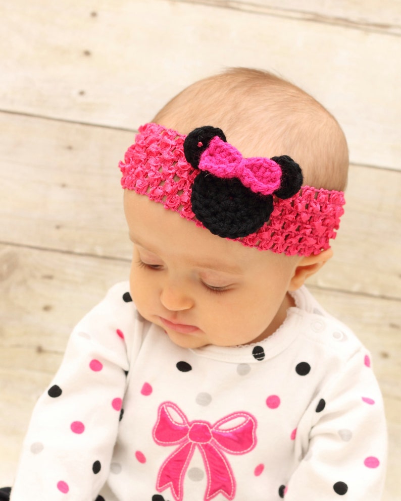 Crochet Minnie Mouse Headband, Minnie Mouse Birthday, Red Minnie, Pink Minnie, Newborn, 3 Month, 6 Month, 12 Month, One Year, Free Shipping image 2