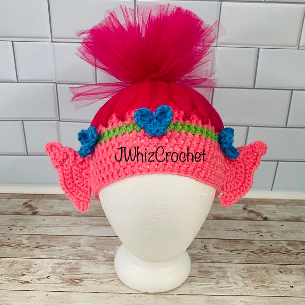 Crochet Poppy Troll Hat, Poppy Halloween Troll Hat, Size Newborn, 3 Month, 6 Month, 1 year, 2T, 3T, 4T, 5T, Adult, Teen, Child, Toddler