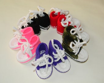 Crochet Converse Sneakers, Baby Booties, Size Newborn, 3 Month, 6 Month, 12 Month, 1 year, Pink, Black, Purple, Red, Camo, Custom Colors