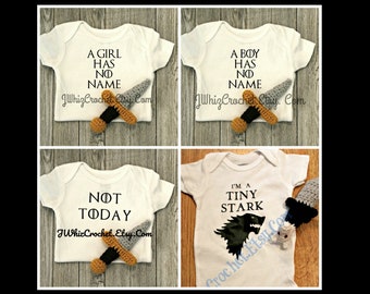 Game of Thrones Onesie and Rattle Set, Crochet Sword, Game Of Thrones Baby Rattle, Not Today, Tiny Stark, Game of Thrones Christmas Gift