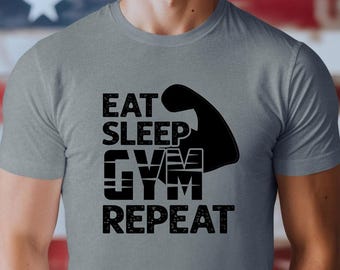 モチベーションを高めるジムシャツ、Eat Sleep Gym Repeatアパレル、ワークアウトのインスピレーション