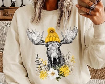 Floral Winter Moose Shirt, Yellow Beanie Animal Tee, Funny Botanical Sweatshirt, Cozy Nature Gift