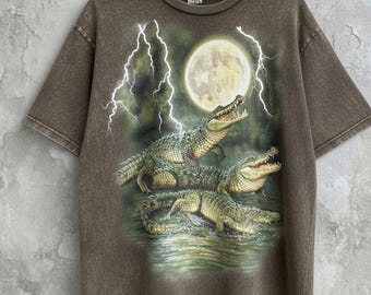 Retro Alligator Lightning Tee, Moonlit Swamp Shirt, Vintage Croc Sweatshirt