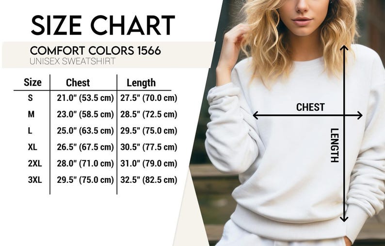 Puede incluir: Una tabla de tallas para la sudadera unisex Comfort Colors 1566, que muestra las medidas de pecho y largo en cent&iacute;metros para las tallas S a 3XL. La tabla incluye una gu&iacute;a visual que muestra d&oacute;nde se mide el pecho y el largo en una sudadera blanca.